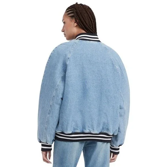 Tommy Jeans Women's Denim Snap-Front Cotton Letterman Jacket Blue Jean L - Picture 5 of 12